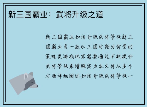 新三国霸业：武将升级之道